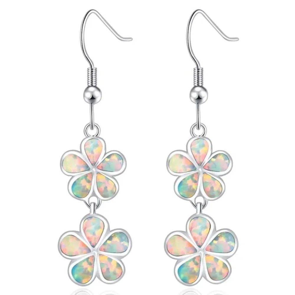 18K White Gold with Genuine White Fire Opal Double Flower Dangling Hook Earrings